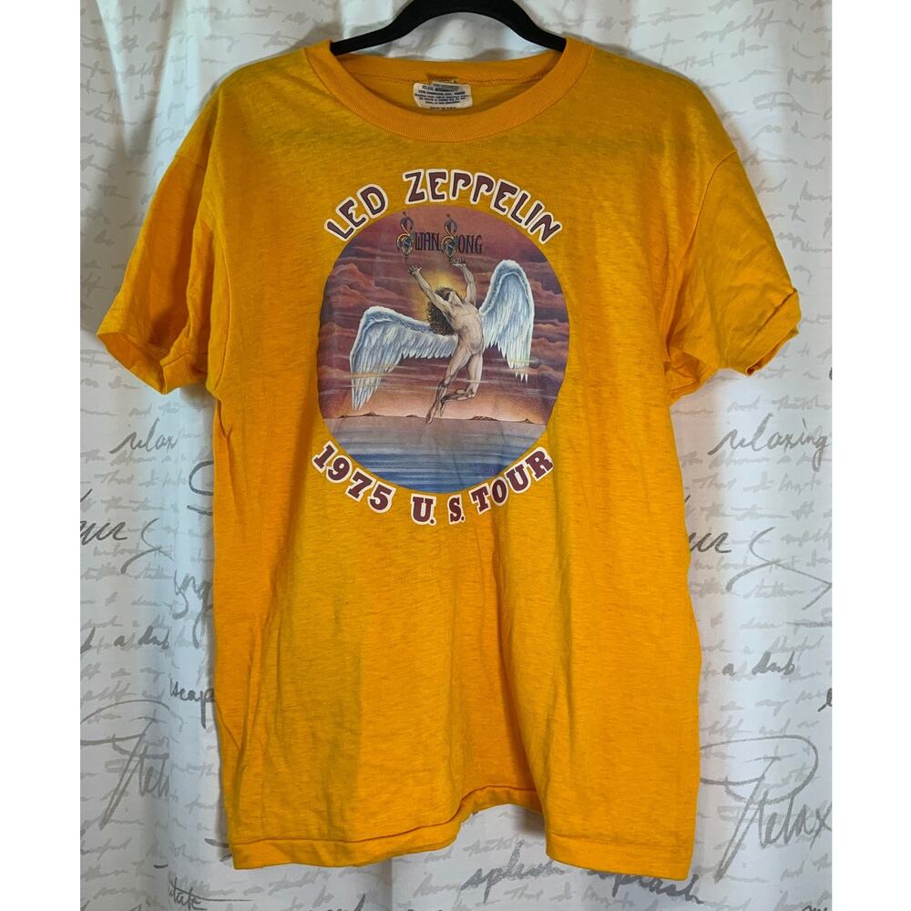 Vtg 70s Led Zeppelin 1975 Swan Song Tour T Shirt L Spruce Tag Single Stitch USA